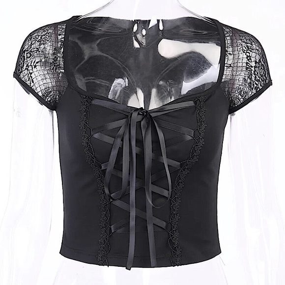 Black lace up ribbon🎀 short sleeve top - Picture 7 of 16
